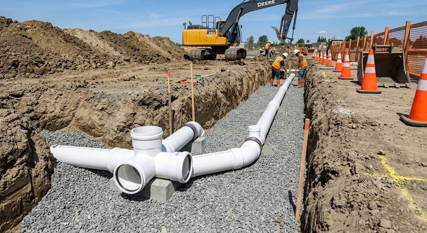 New PVC sewer pipe installation in open trench for Commercial Drain Cleaning in Walker Mill