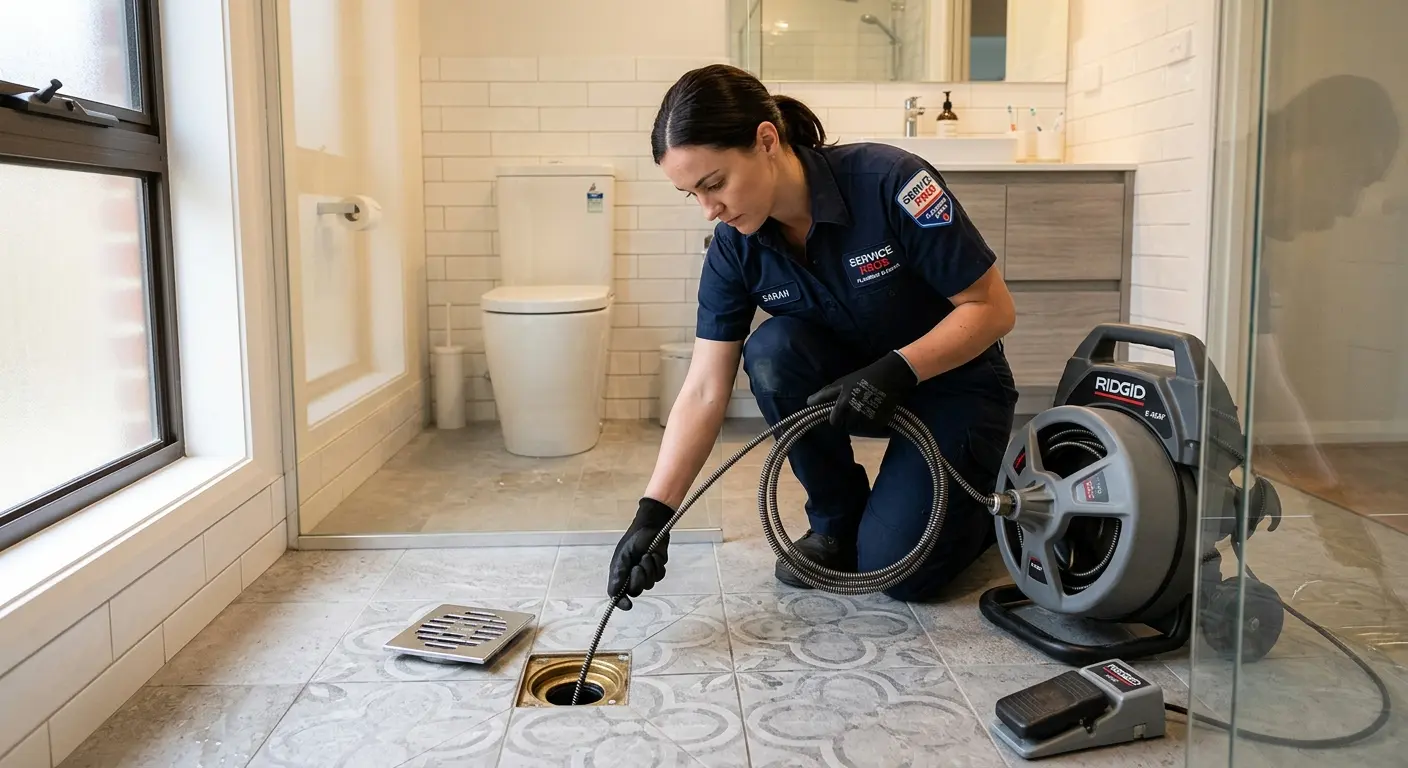 Technician clearing a bathroom floor drain for Clogged Drain Repair in Walker Mill